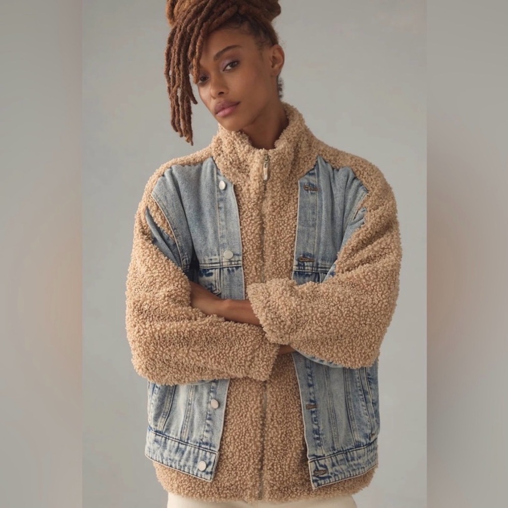Anthropologie Light Blue Denim and Tan Sherpa Jean Jacket - Picture 2 of 6